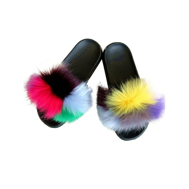 Details about   Women's Fur Slides Fuzzy Furry Slippers Rainbow Slip On Sandals Flip Flop Shoes 